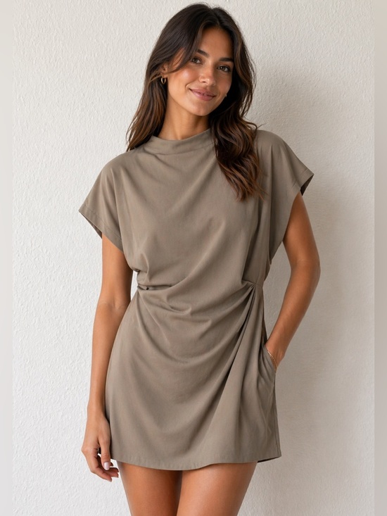 H&M Dresses & Skirts - H&M Cute Taupe Draped Short-Sleeve‎ Mini Dress, Size M